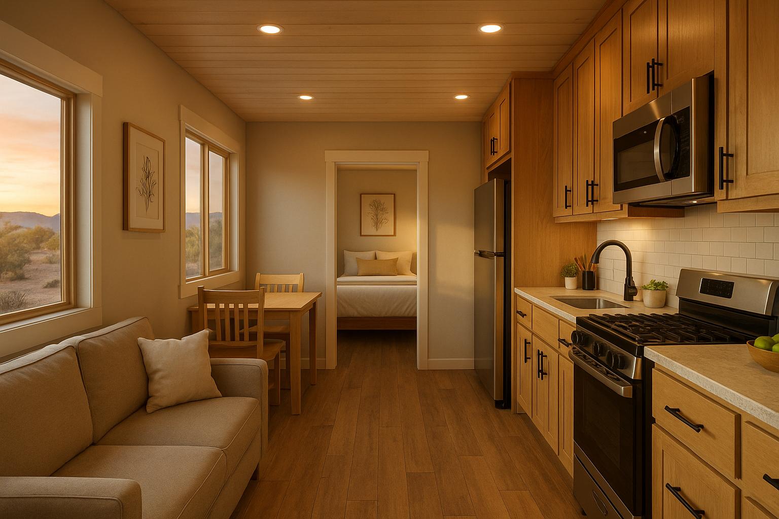 Loft tiny home interior with sofa, kitchen and upper sleeping loft