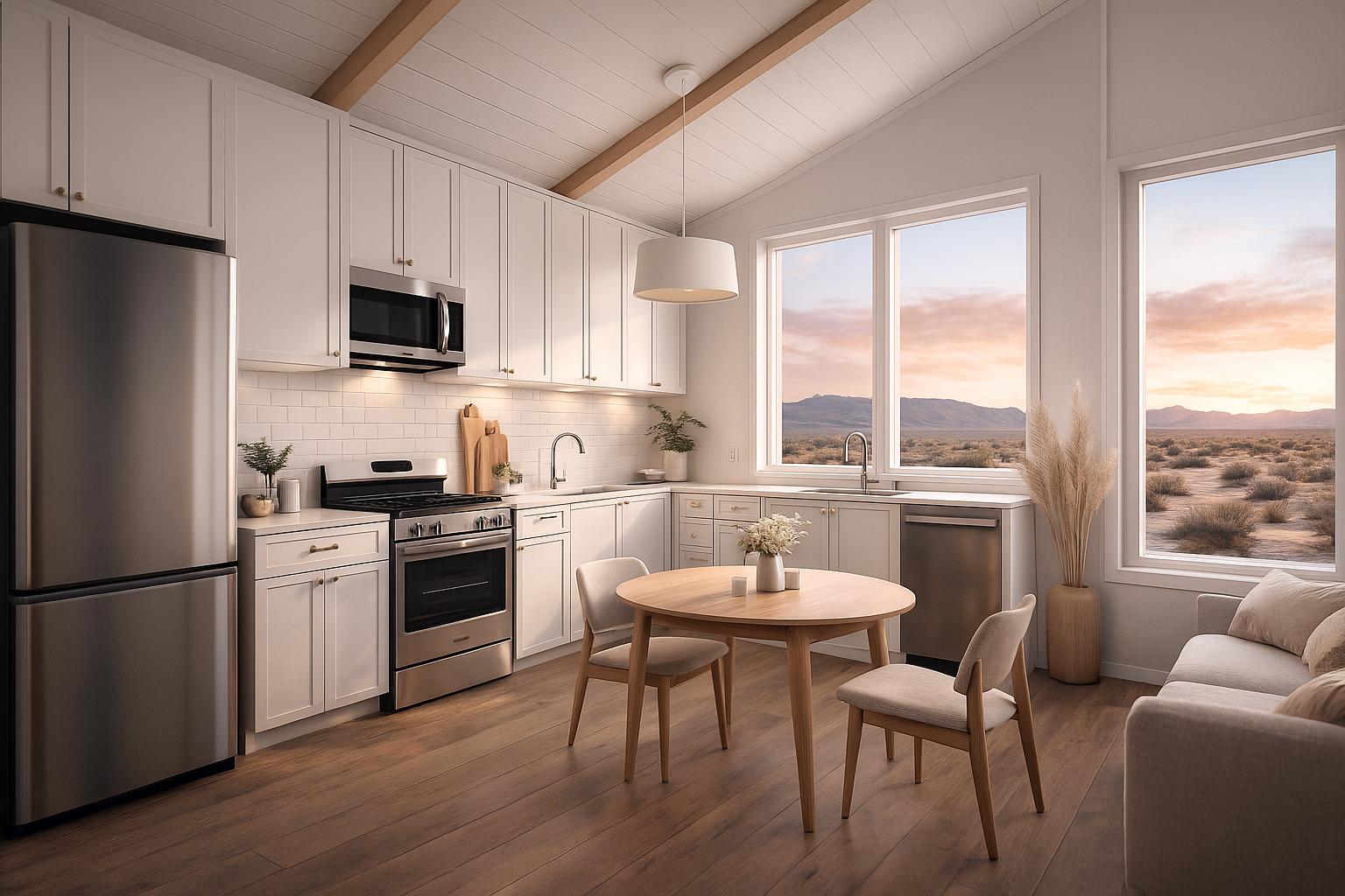 Walnut wood premium tiny home interior with sofa and dining table