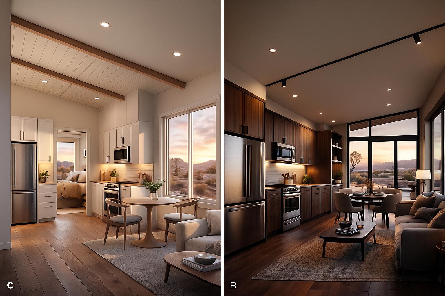 Bright white kitchen with dining table and desert view